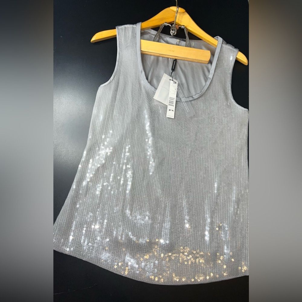 ELIE TAHARI Cally Sequin Silver Silk Evening Tank Top Sz M NWT Night Out Holiday